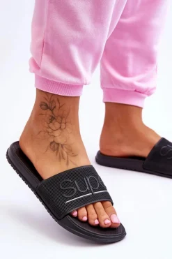 Boto Klapki Sportowe*Lekkie Damskie Klapki Z Napisem Czarne Merry