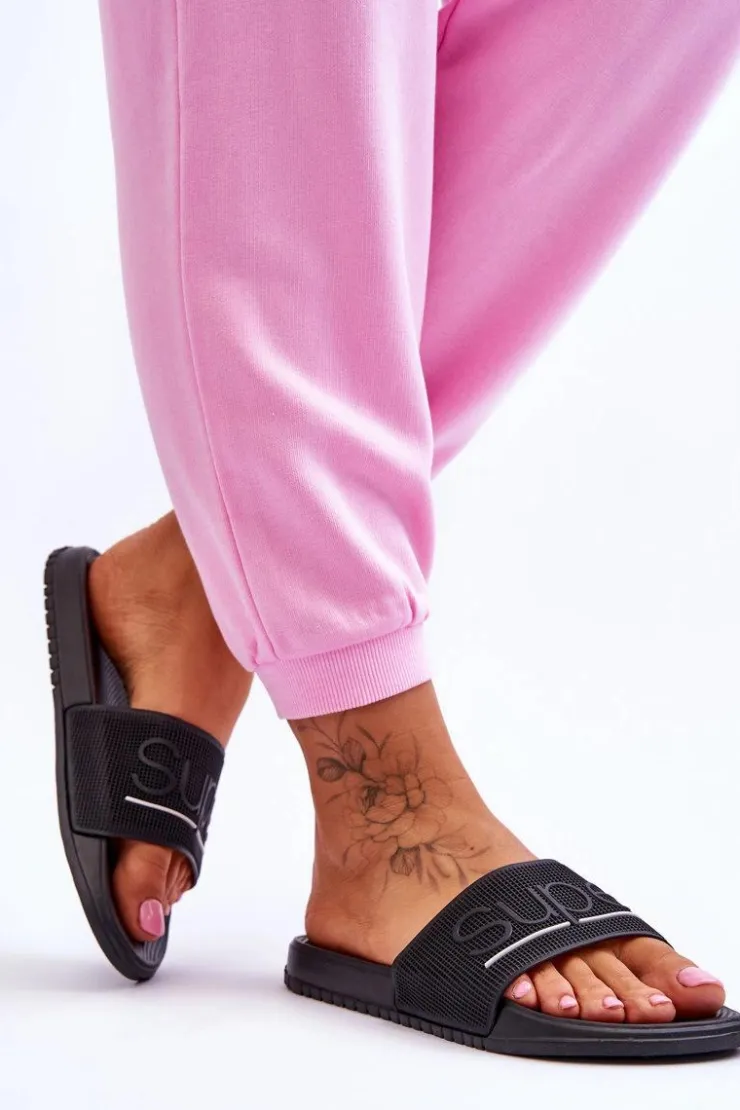 Boto Klapki Sportowe*Lekkie Damskie Klapki Z Napisem Czarne Merry