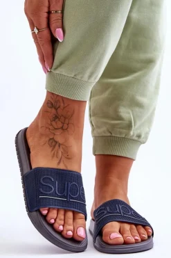 Damskie Boto Lekkie Damskie Klapki Z Napisem Granatowo-Szare Merry