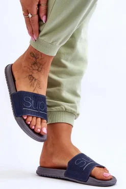 Damskie Boto Lekkie Damskie Klapki Z Napisem Granatowo-Szare Merry