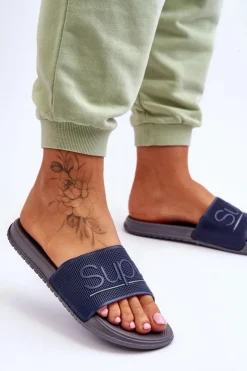 Damskie Boto Lekkie Damskie Klapki Z Napisem Granatowo-Szare Merry