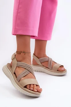 Clearance Evento Lekkie Damskie Wygodne Sandały Na Rzep Beżowe Ceclea Beżowy