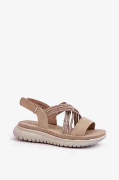 Clearance Evento Lekkie Damskie Wygodne Sandały Na Rzep Beżowe Ceclea Beżowy