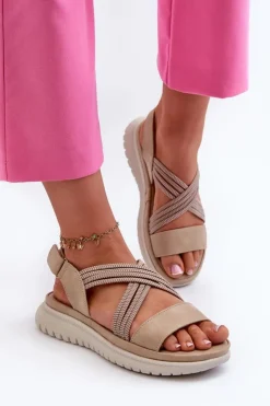 Clearance Evento Lekkie Damskie Wygodne Sandały Na Rzep Beżowe Ceclea Beżowy