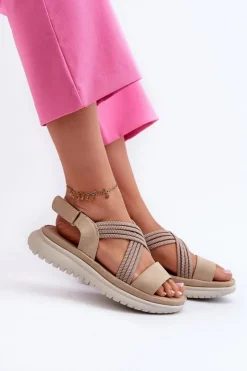 Clearance Evento Lekkie Damskie Wygodne Sandały Na Rzep Beżowe Ceclea Beżowy