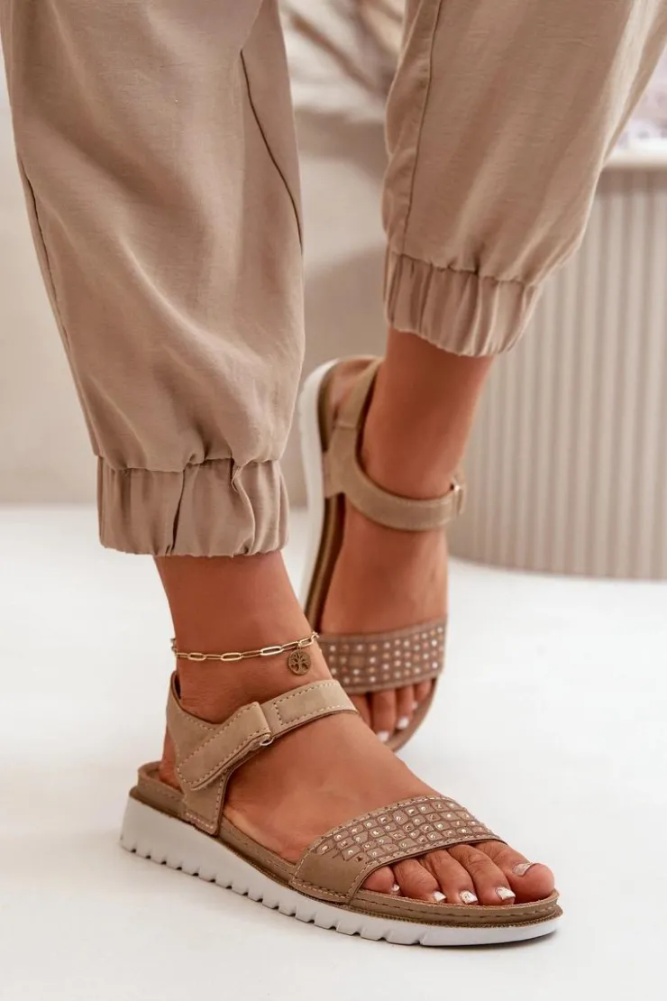 Discount INBLU Lekkie I Wygodne Zdobione Sandały Damskie Na Rzep Ciemnobeżowe CN000039