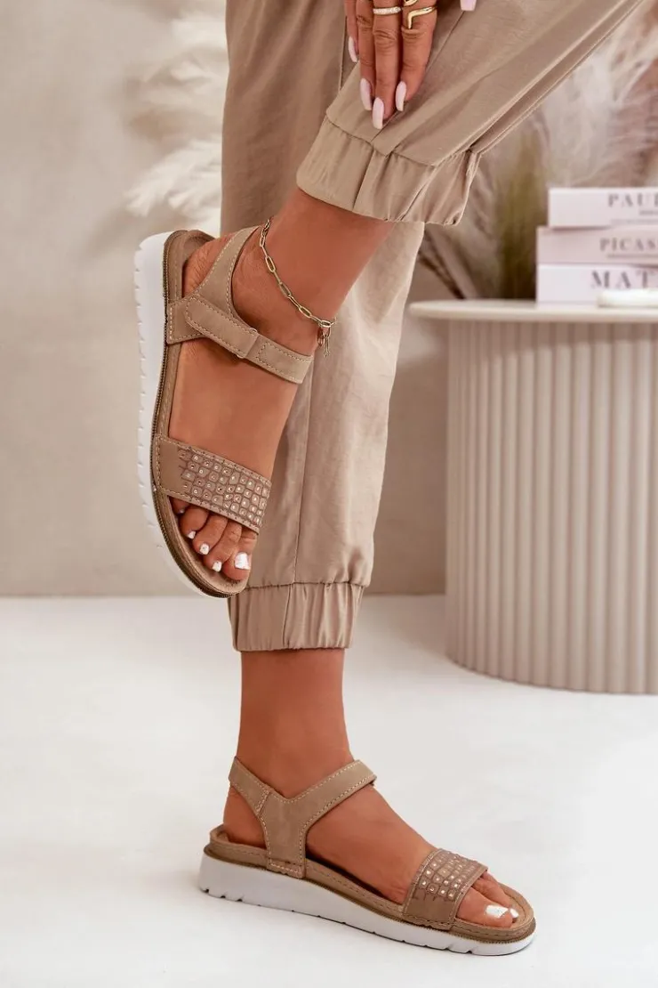 Discount INBLU Lekkie I Wygodne Zdobione Sandały Damskie Na Rzep Ciemnobeżowe CN000039