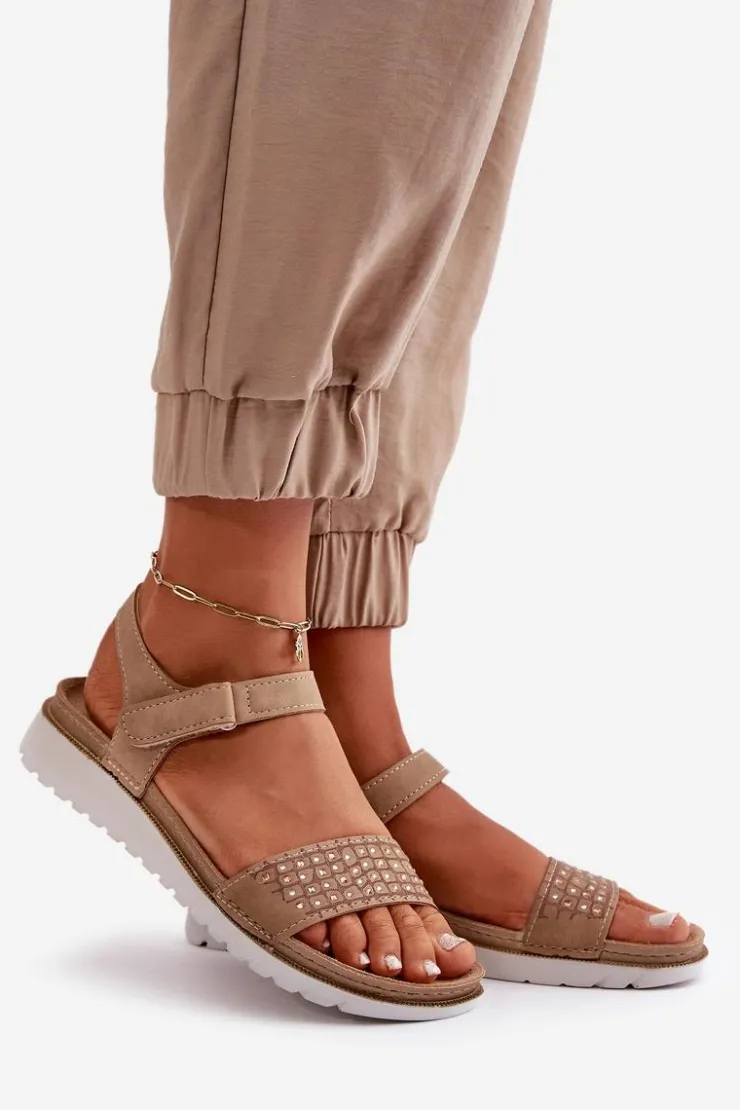 Discount INBLU Lekkie I Wygodne Zdobione Sandały Damskie Na Rzep Ciemnobeżowe CN000039