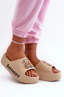 Boto Klapki Basenowe|Klapki Na Platformie*Lekkie Klapki Damskie Na Grubej Podeszwie Z Misiem Piankowe Ciemnobeżowe Serefina Beżowy