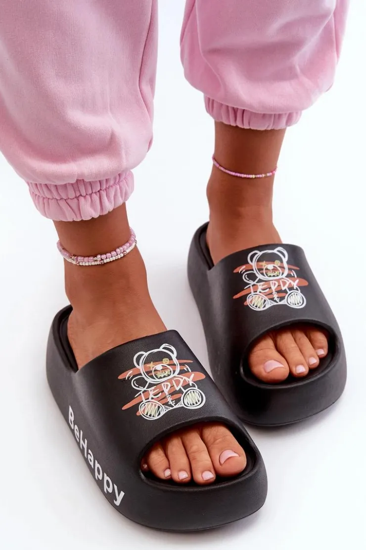 Boto Lekkie Klapki Damskie Na Grubej Podeszwie Z Misiem Piankowe Czarne Serefina Czarny