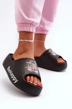 Boto Lekkie Klapki Damskie Na Grubej Podeszwie Z Misiem Piankowe Czarne Serefina Czarny
