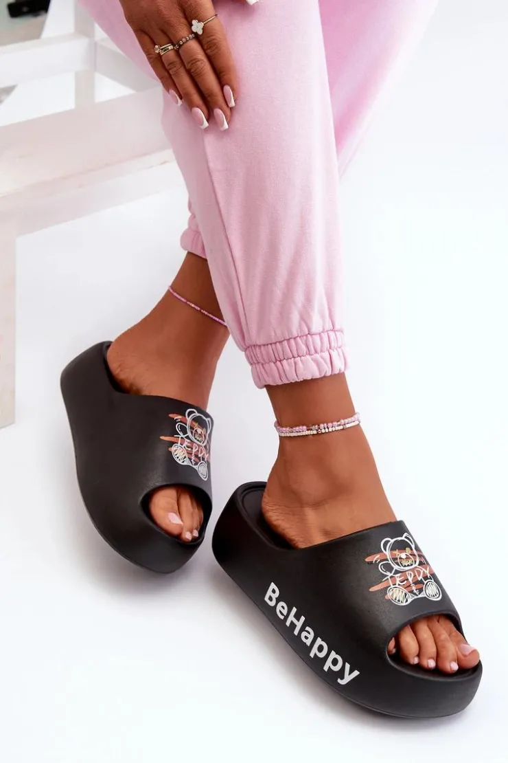 Boto Lekkie Klapki Damskie Na Grubej Podeszwie Z Misiem Piankowe Czarne Serefina Czarny