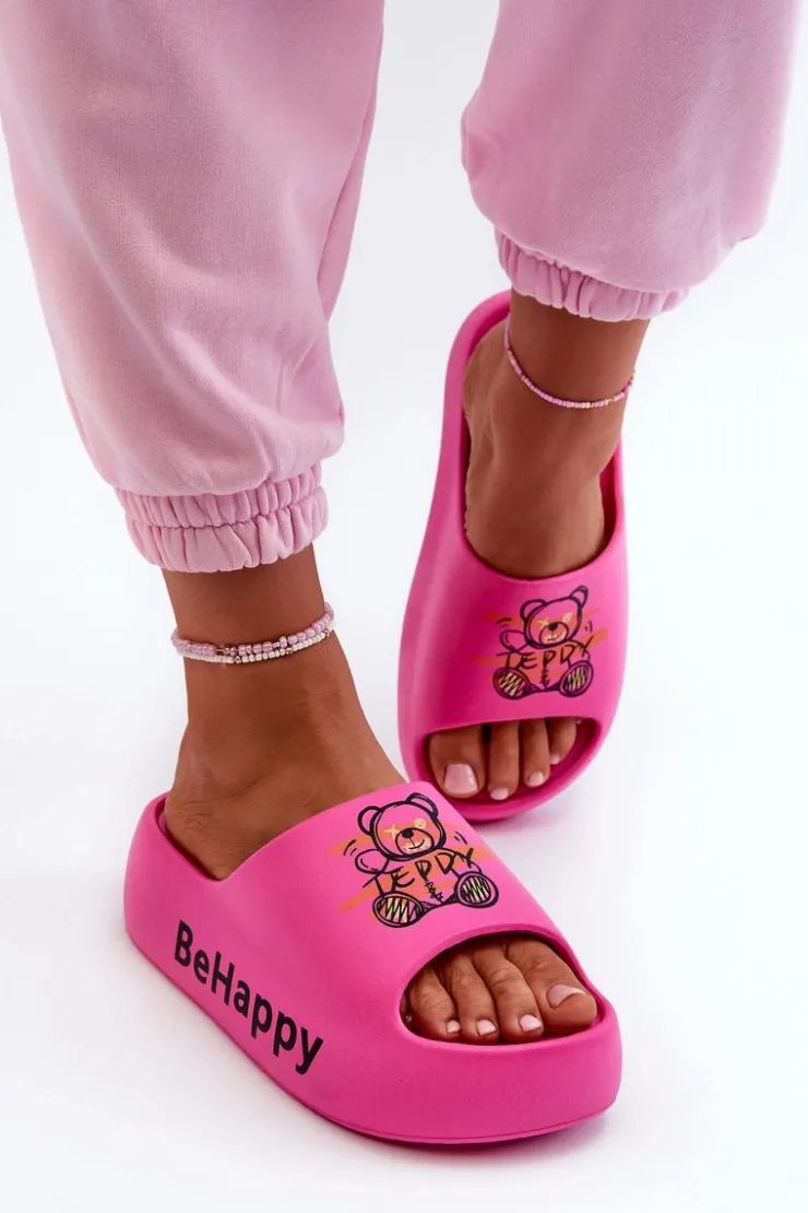 Damskie Boto Lekkie Klapki Damskie Na Grubej Podeszwie Z Misiem Piankowe Fuksja Serefina