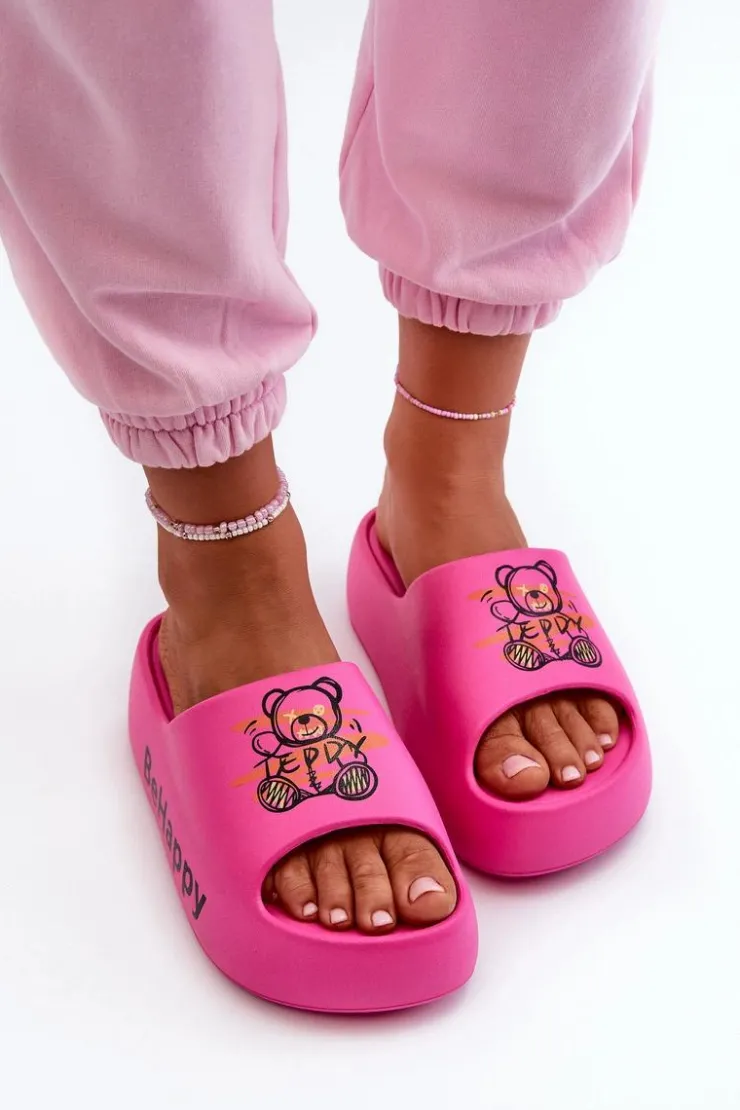 Damskie Boto Lekkie Klapki Damskie Na Grubej Podeszwie Z Misiem Piankowe Fuksja Serefina