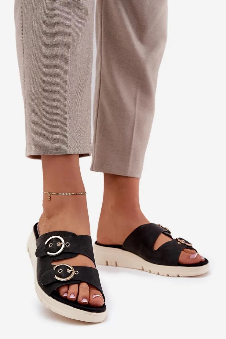 Boto Klapki Na Koturnie|Klapki Na Platformie*Lekkie Klapki Damskie Na Koturnie Z Klamrami Czarne Hellexia