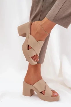 Boto Klapki Na Obcasie|Klapki Damskie Klasyczne*Lekkie Klapki Na Słupku Z Eko Skóry Jasnobeżowe Kacaria Beżowy