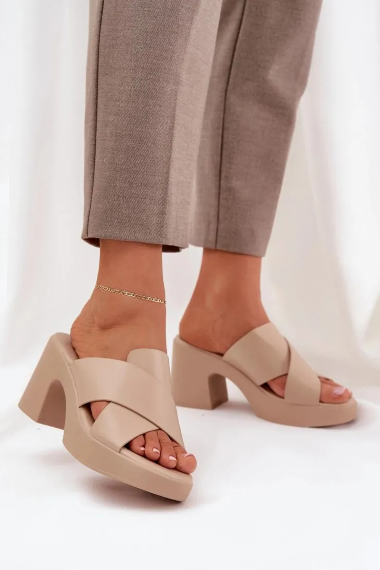 Boto Klapki Na Obcasie|Klapki Damskie Klasyczne*Lekkie Klapki Na Słupku Z Eko Skóry Jasnobeżowe Kacaria Beżowy