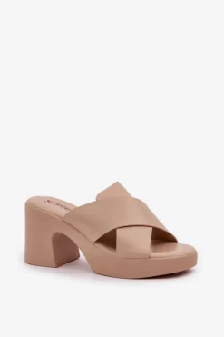 Boto Klapki Na Obcasie|Klapki Damskie Klasyczne*Lekkie Klapki Na Słupku Z Eko Skóry Jasnobeżowe Kacaria Beżowy