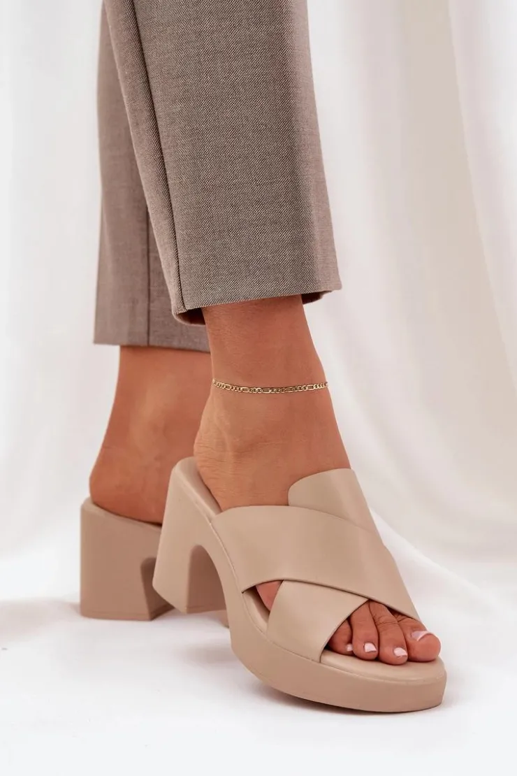 Boto Klapki Na Obcasie|Klapki Damskie Klasyczne*Lekkie Klapki Na Słupku Z Eko Skóry Jasnobeżowe Kacaria Beżowy