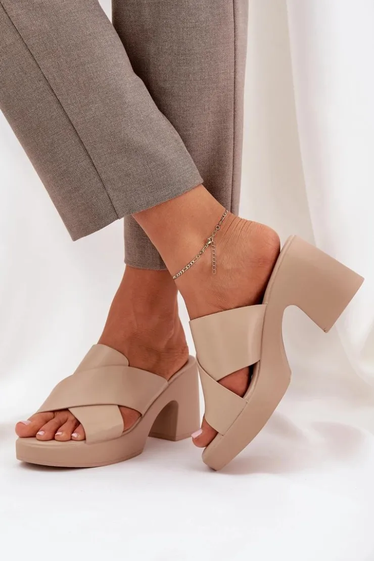 Boto Klapki Na Obcasie|Klapki Damskie Klasyczne*Lekkie Klapki Na Słupku Z Eko Skóry Jasnobeżowe Kacaria Beżowy