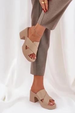 Boto Klapki Na Obcasie|Klapki Damskie Klasyczne*Lekkie Klapki Na Słupku Z Eko Skóry Jasnobeżowe Kacaria Beżowy