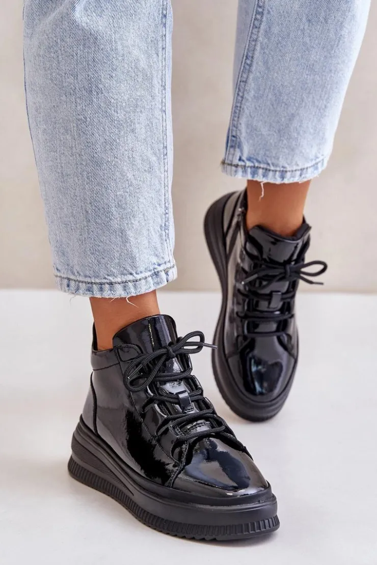 Artiker Buty Sportowe Na Platformie*Lekkie Lakierowane Buty Sportowe Na Platformie Skóra Naturalna 55C1049 Czarne