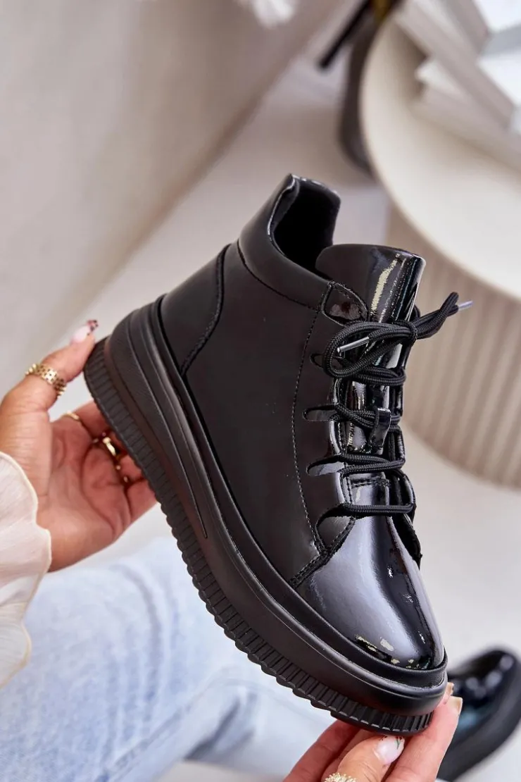 Artiker Buty Sportowe Na Platformie*Lekkie Lakierowane Buty Sportowe Na Platformie Skóra Naturalna 55C1049 Czarne