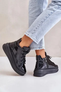 Artiker Buty Sportowe Na Platformie*Lekkie Lakierowane Buty Sportowe Na Platformie Skóra Naturalna 55C1049 Czarne