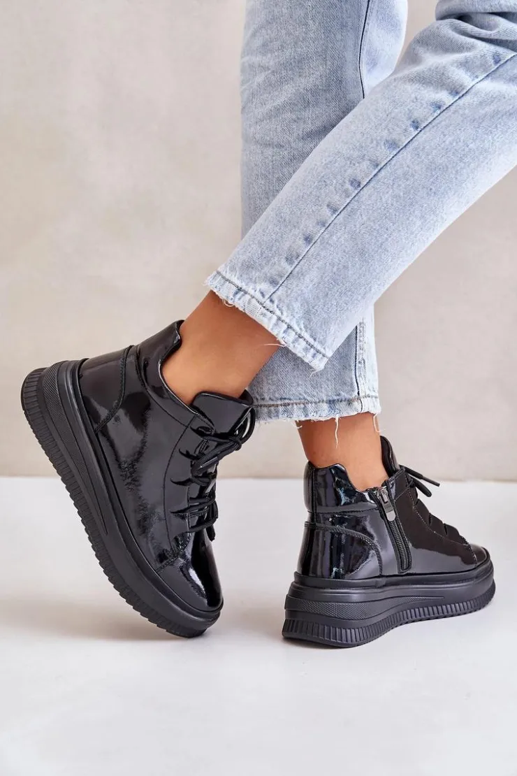 Artiker Buty Sportowe Na Platformie*Lekkie Lakierowane Buty Sportowe Na Platformie Skóra Naturalna 55C1049 Czarne
