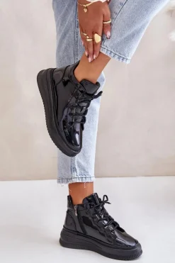 Artiker Buty Sportowe Na Platformie*Lekkie Lakierowane Buty Sportowe Na Platformie Skóra Naturalna 55C1049 Czarne