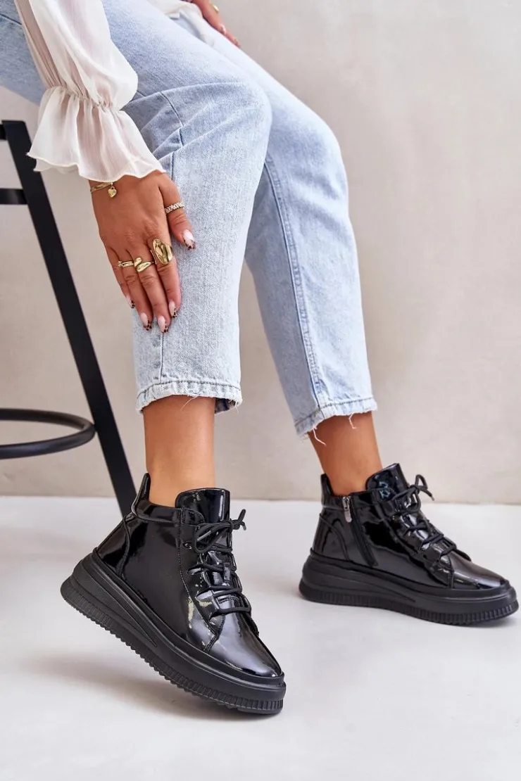 Artiker Buty Sportowe Na Platformie*Lekkie Lakierowane Buty Sportowe Na Platformie Skóra Naturalna 55C1049 Czarne