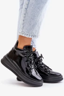 Artiker Buty Sportowe Na Platformie*Lekkie Lakierowane Buty Sportowe Na Platformie Skóra Naturalna 55C1049 Czarne