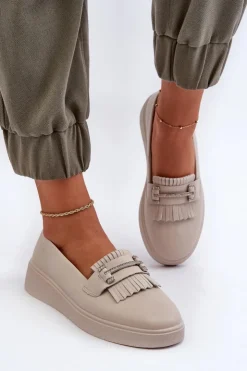 New Damskie buty S.Barski Lekkie Mokasyny Damskie Skórzane Na Platformie Beżowe S.Barski LR590 Beżowy