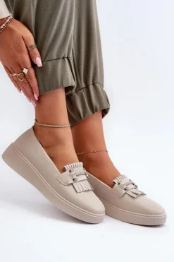 New Damskie buty S.Barski Lekkie Mokasyny Damskie Skórzane Na Platformie Beżowe S.Barski LR590 Beżowy