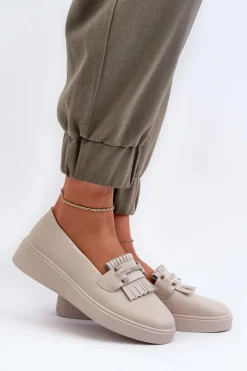 New Damskie buty S.Barski Lekkie Mokasyny Damskie Skórzane Na Platformie Beżowe S.Barski LR590 Beżowy