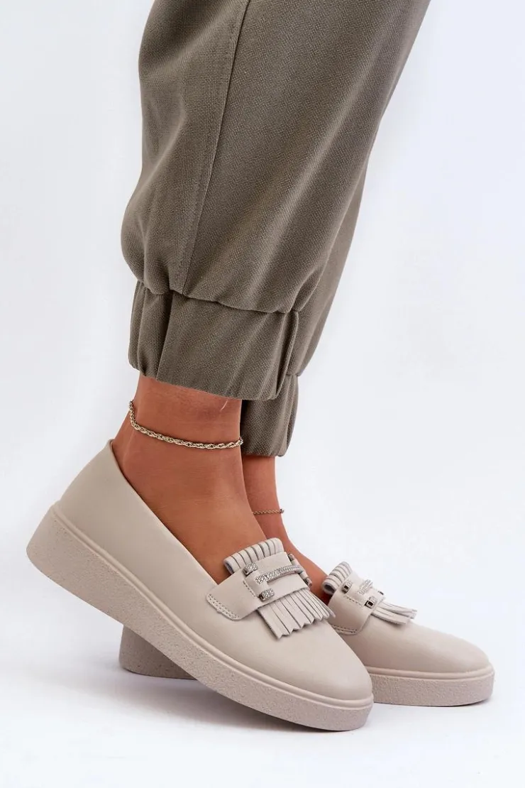 New Damskie buty S.Barski Lekkie Mokasyny Damskie Skórzane Na Platformie Beżowe S.Barski LR590 Beżowy