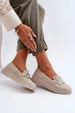 New Damskie buty S.Barski Lekkie Mokasyny Damskie Skórzane Na Platformie Beżowe S.Barski LR590 Beżowy