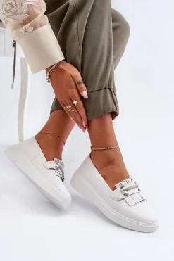 Damskie buty S.Barski Loafersy Damskie|Mokasyny Damskie Skórzane*Lekkie Mokasyny Damskie Skórzane Na Platformie Białe S.Barski LR590 Biały