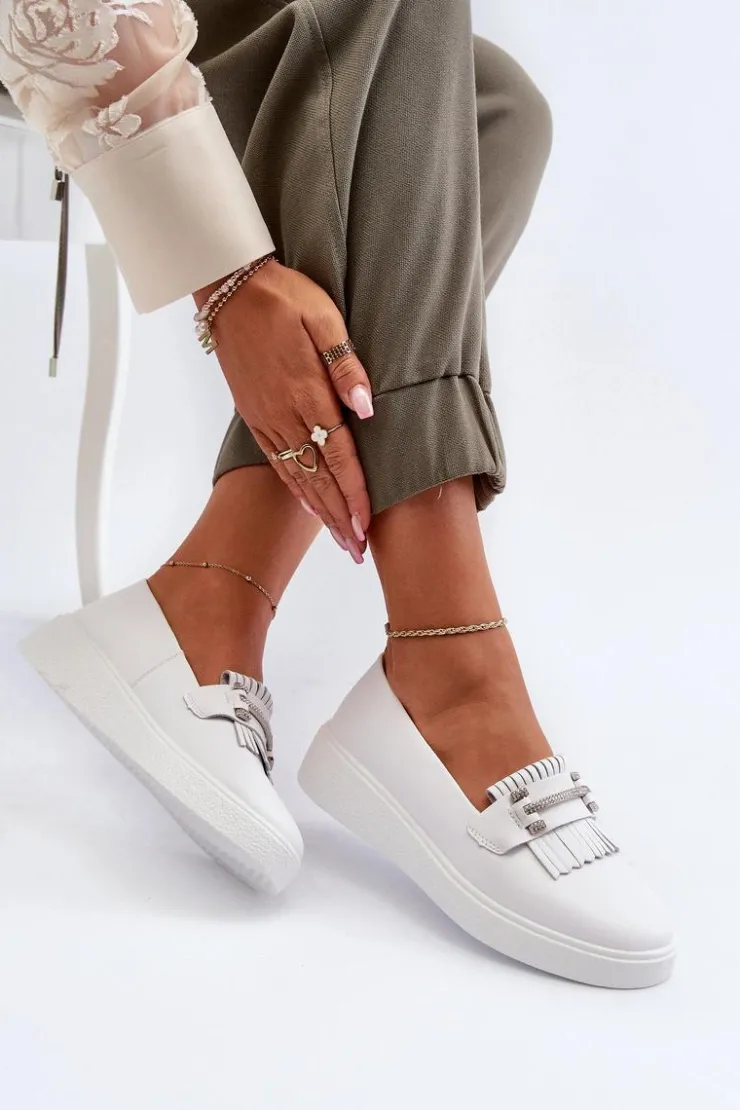 Damskie buty S.Barski Loafersy Damskie|Mokasyny Damskie Skórzane*Lekkie Mokasyny Damskie Skórzane Na Platformie Białe S.Barski LR590 Biały