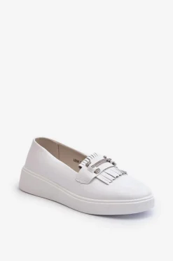 Damskie buty S.Barski Loafersy Damskie|Mokasyny Damskie Skórzane*Lekkie Mokasyny Damskie Skórzane Na Platformie Białe S.Barski LR590 Biały