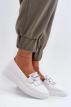 Damskie buty S.Barski Loafersy Damskie|Mokasyny Damskie Skórzane*Lekkie Mokasyny Damskie Skórzane Na Platformie Białe S.Barski LR590 Biały