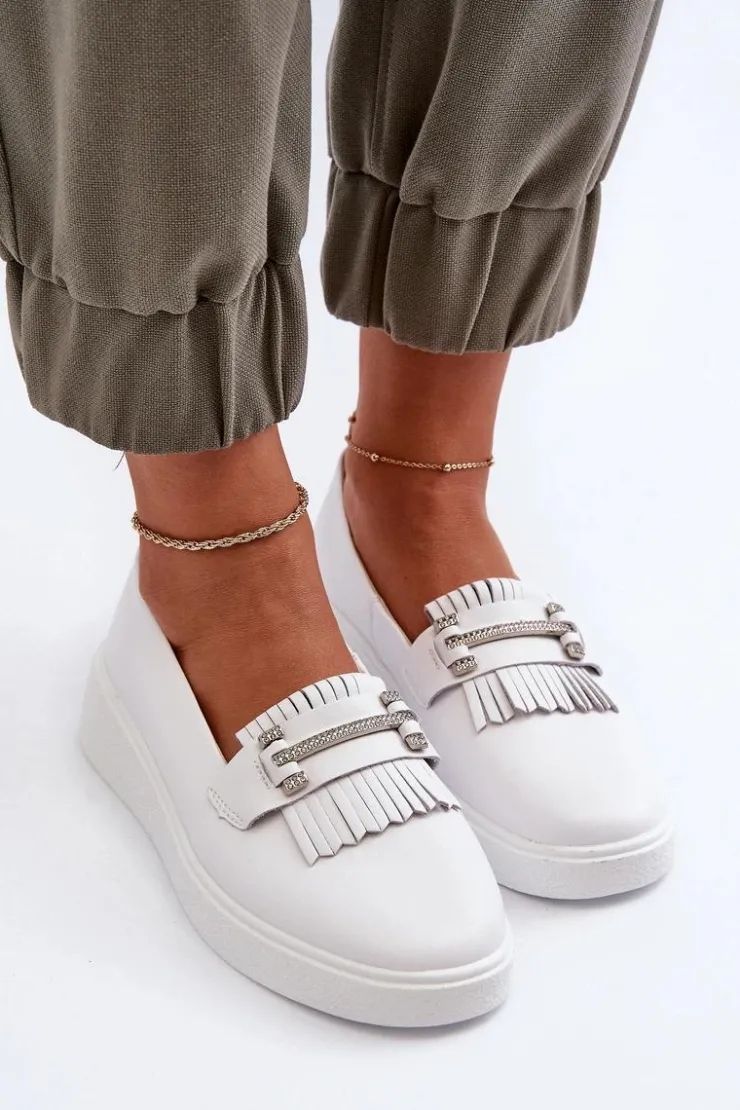 Damskie buty S.Barski Loafersy Damskie|Mokasyny Damskie Skórzane*Lekkie Mokasyny Damskie Skórzane Na Platformie Białe S.Barski LR590 Biały