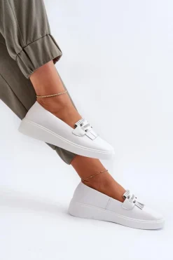 Damskie buty S.Barski Loafersy Damskie|Mokasyny Damskie Skórzane*Lekkie Mokasyny Damskie Skórzane Na Platformie Białe S.Barski LR590 Biały
