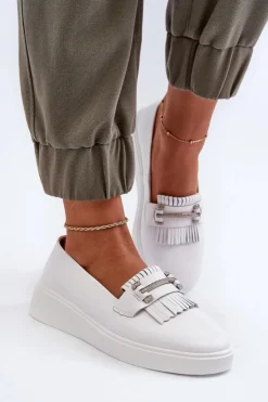 Damskie buty S.Barski Loafersy Damskie|Mokasyny Damskie Skórzane*Lekkie Mokasyny Damskie Skórzane Na Platformie Białe S.Barski LR590 Biały