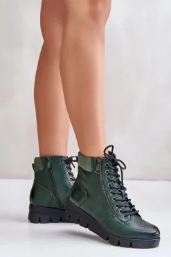Clearance Boto Lekkie Ocieplane Botki Damskie Na Platformie I Koturnie Ciemnozielone Savindria
