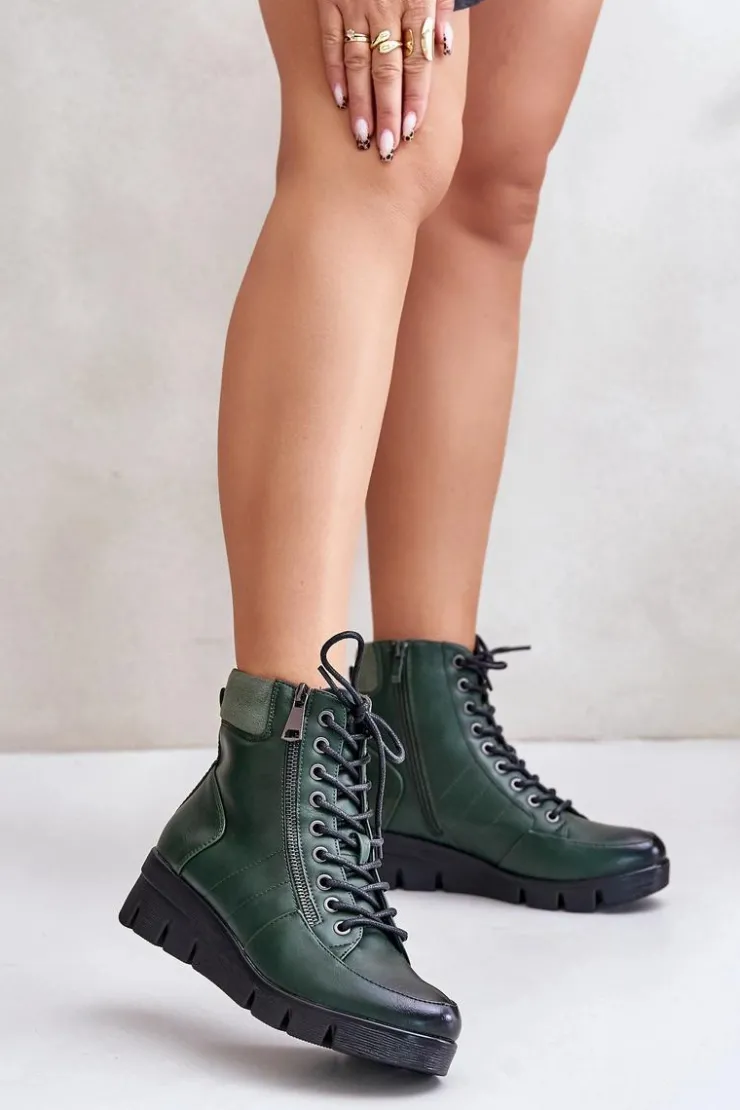 Clearance Boto Lekkie Ocieplane Botki Damskie Na Platformie I Koturnie Ciemnozielone Savindria