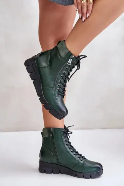 Clearance Boto Lekkie Ocieplane Botki Damskie Na Platformie I Koturnie Ciemnozielone Savindria