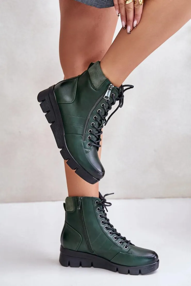 Clearance Boto Lekkie Ocieplane Botki Damskie Na Platformie I Koturnie Ciemnozielone Savindria