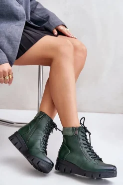 Clearance Boto Lekkie Ocieplane Botki Damskie Na Platformie I Koturnie Ciemnozielone Savindria