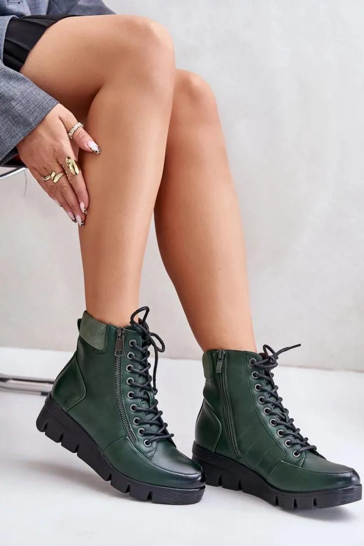 Clearance Boto Lekkie Ocieplane Botki Damskie Na Platformie I Koturnie Ciemnozielone Savindria